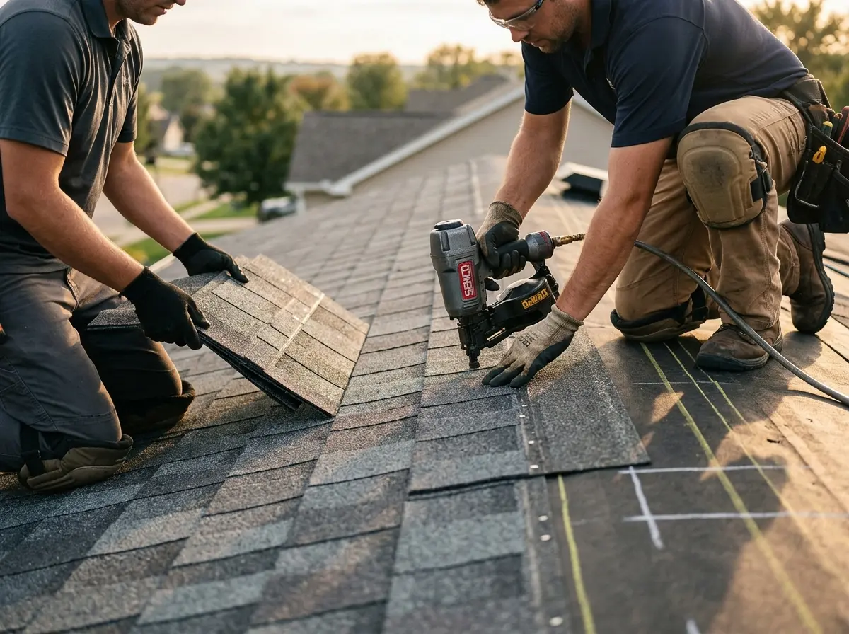 Professional roofer working on a residential roof in Valley Park